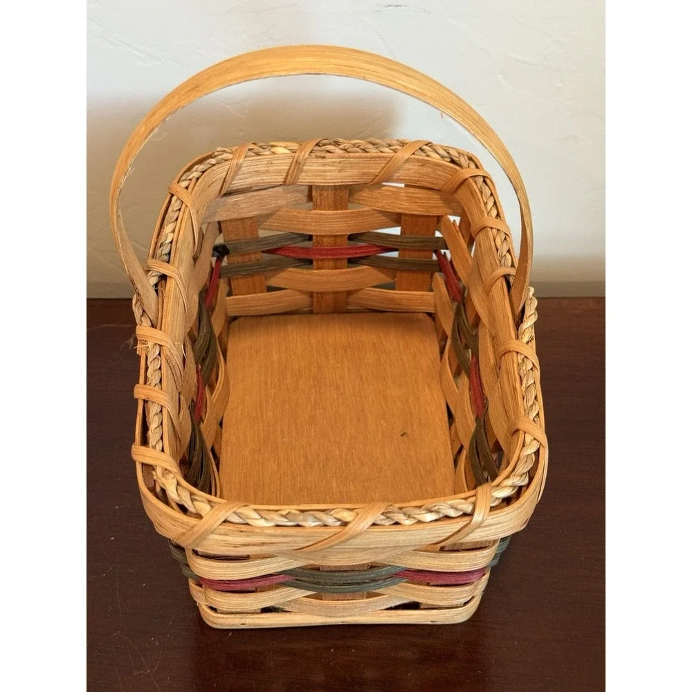 Hand Crafted Woven Double Wine Basket 3 Tone Wood With Handle Signed Dated 2006